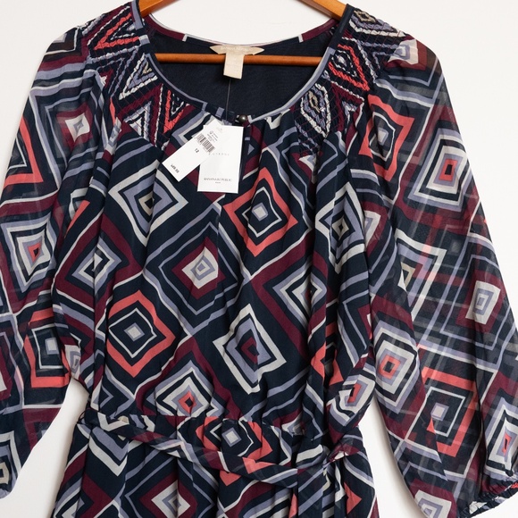 Banana Republic NWT Artsy Sheer Lined Geometric Print Flowy belted Dress sz 12 - Picture 4 of 9